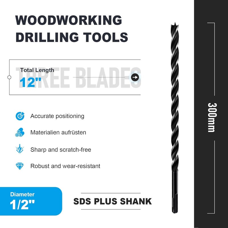 WOBLLMX 1/2" x 12" Auger Drill Bit with SDS Plus Shank for Wood,Tri Flute Ship Auger Long Drill Bit for Soft and Hard Wood,Tree Stump,Plastic,Drywall and Composite Materials - Image 2
